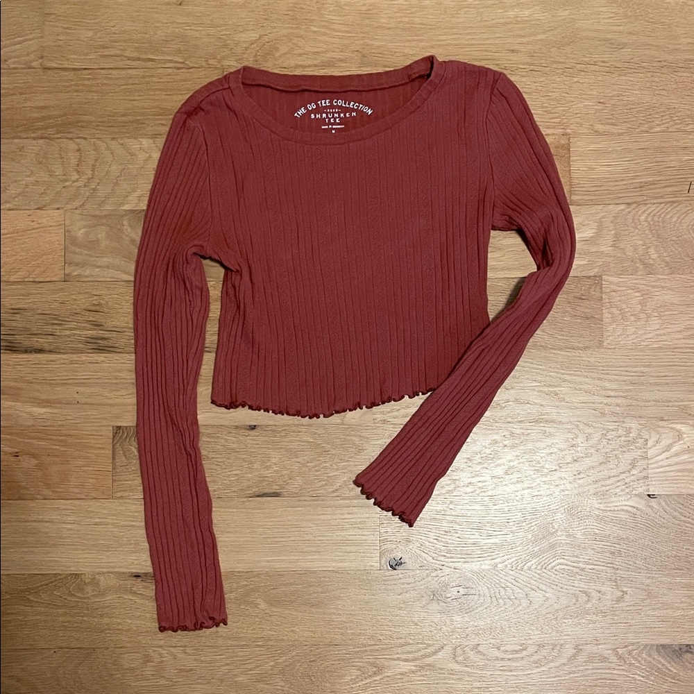 Aeropostale Ribbed Long Sleeve Crop Top - Rust
